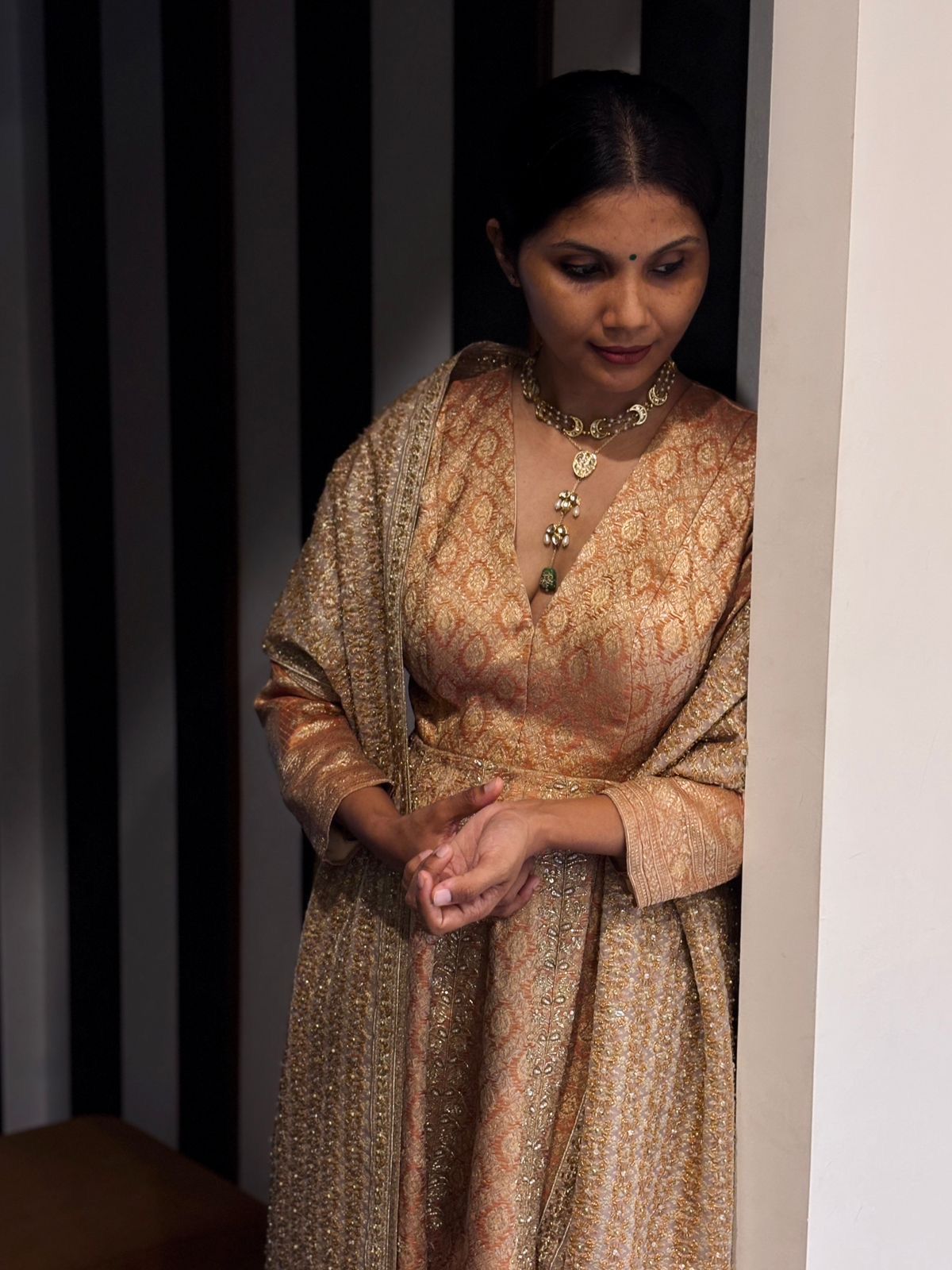 Burnt brown-orange embroidered dress with embroidered panel dupatta