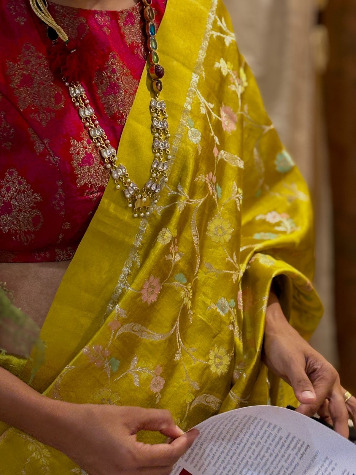 Mustard Banarasi dupatta with layered kundan necklace